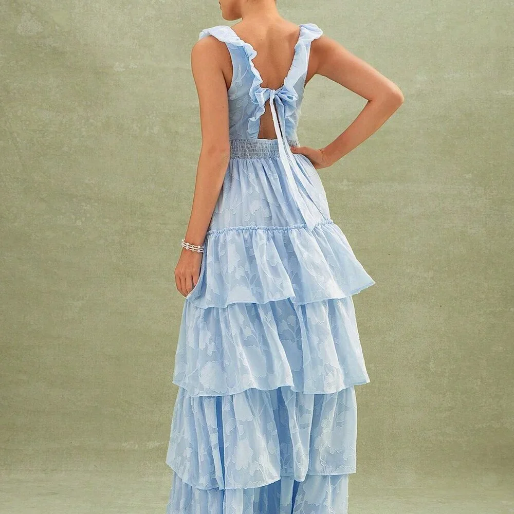 Blue Elegant Women's Floral Textured Tiered Ruffle Maxi Dress - Picture 2 of 5